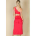 Sexy Solid Color One Shoulder Crop Top & Drawstring Ruched Crisscross Tie Back Side Slit Hem Skirt Set