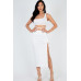 Sexy Solid Color One Shoulder Crop Top & Drawstring Ruched Crisscross Tie Back Side Slit Hem Skirt Set