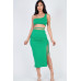 Sexy Solid Color One Shoulder Crop Top & Drawstring Ruched Crisscross Tie Back Side Slit Hem Skirt Set