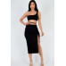 Sexy Solid Color One Shoulder Crop Top & Drawstring Ruched Crisscross Tie Back Side Slit Hem Skirt Set