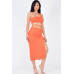 Sexy Solid Color One Shoulder Crop Top & Drawstring Ruched Crisscross Tie Back Side Slit Hem Skirt Set