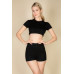 Ribbed Collared Short Sleeve Crop Top & Shorts Set