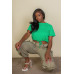 Tie Front Drawstring Short Sleeve Crop Top