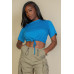 Tie Front Drawstring Short Sleeve Crop Top