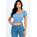 Casual Ruched Puff Sleeve Ribbed Knit Solid Top