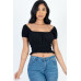 Casual Ruched Puff Sleeve Ribbed Knit Solid Top