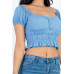 Casual Ruched Puff Sleeve Ribbed Knit Solid Top