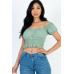 Casual Ruched Puff Sleeve Ribbed Knit Solid Top
