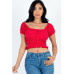 Casual Ruched Puff Sleeve Ribbed Knit Solid Top