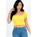 Casual Ruched Puff Sleeve Ribbed Knit Solid Top