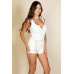 Solid Ribbed Slit Neckline Sleeveless Romper
