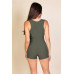 Solid Ribbed Slit Neckline Sleeveless Romper
