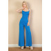Ribbed Cowl Neck Backless Split Wide Leg Jumpsuit