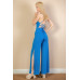 Ribbed Cowl Neck Backless Split Wide Leg Jumpsuit