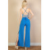 Ribbed Cowl Neck Backless Split Wide Leg Jumpsuit