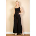 Ribbed Cowl Neck Backless Split Wide Leg Jumpsuit