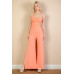Ribbed Cowl Neck Backless Split Wide Leg Jumpsuit