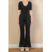 French Terry Short Sleeve Flare Jumpsuit