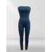 Strapless Denim Jumpsuit With Lace Up Back