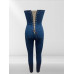 Strapless Denim Jumpsuit With Lace Up Back