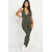 Halter V Neck Ribbed Bodycon Jumpsuit