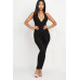 Halter V Neck Ribbed Bodycon Jumpsuit