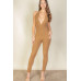 Halter V Neck Ribbed Bodycon Jumpsuit