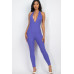 Halter V Neck Ribbed Bodycon Jumpsuit
