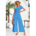 Square Neck Ruched Dot Print Wide Leg Jumpsuit