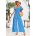 Square Neck Ruched Dot Print Wide Leg Jumpsuit