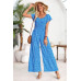 Square Neck Ruched Dot Print Wide Leg Jumpsuit