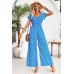 Square Neck Ruched Dot Print Wide Leg Jumpsuit