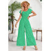 Square Neck Ruched Dot Print Wide Leg Jumpsuit