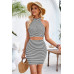 Two Pieces Halter Neck Striped Tube And Skirt Sets