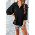 Solid Notched Collar V Neck Knit Short Sleeve Swea