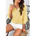 Solid Notched Collar V Neck Knit Short Sleeve Swea