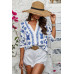 Floral Print Notched Collar V Neck Shirt