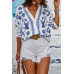 Floral Print Notched Collar V Neck Shirt