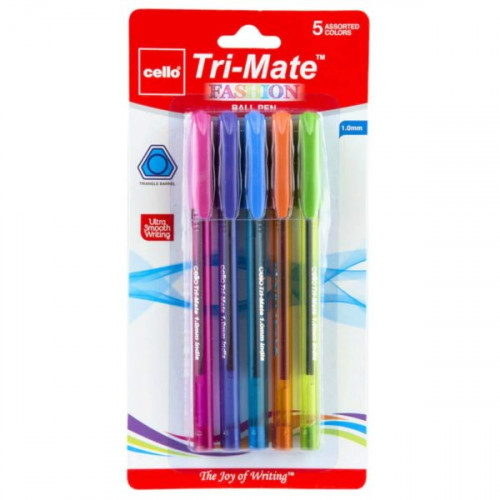Cello 5 Pack 1.0mm Retractable Tri-mate Ballpoint Fashion Bright Colors Pens