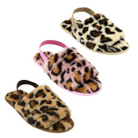 Assorted Colors Women's Animal Print Fuzzy Slippers with Heel Strap in Sizes 6-10