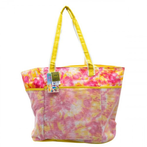 Jumbo Insulated Beach Tote with Cosmetics Bag in Pink and Orange Tie-Dye