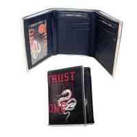 Faux Leather Trifold Wallet in Black with Trust No One Snake Design