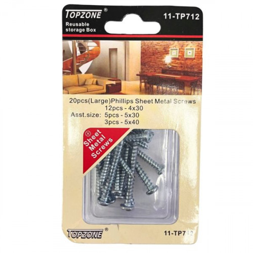 Topzone 20 Piece Large Phillips Sheet Metal Screws in Assorted Sizes Topzone 20 Piece Large Phillips Sheet Metal Screws in Assorted Sizes