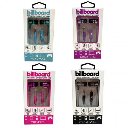 Billboard Titanium Wired Earbuds with Mic in Assorted Colors Billboard Titanium Wired Earbuds with Mic in Assorted Colors