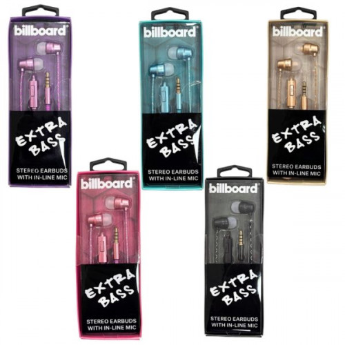 Billboard Wired Extra Bass Stereo Earbuds with Mic in Assorted Colors Billboard Wired Extra Bass Stereo Earbuds with Mic in Assorted Colors