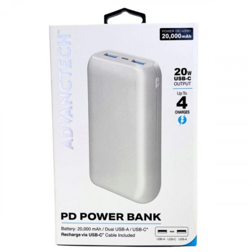 Advanctech 20,000 Mah PD Power Bank with Dual USB A USB C Ports in White
