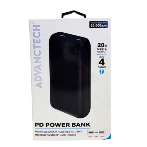 Advanctech 20,000 Mah PD Power Bank with Dual USB A USB C Ports in Black