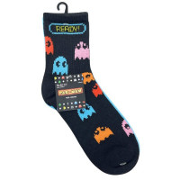 2 Pack Ladies Ribbed Mid Crew Socks Pac Man License in Size 9-11