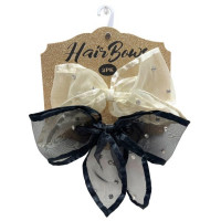 2 Pack Ivory and Black French Tulle Bow Barrettes with Rhinestones