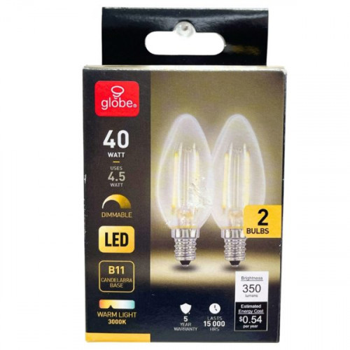 Globe 40 Watt B11 350 Lumen LED Candelabra Bulb 2 Pack Globe 40 Watt B11 350 Lumen LED Candelabra Bulb 2 Pack